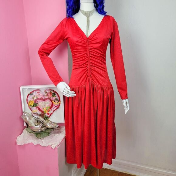 Vintage 80s Red Long Sleeve Rouched Dress - Picture 2 of 8